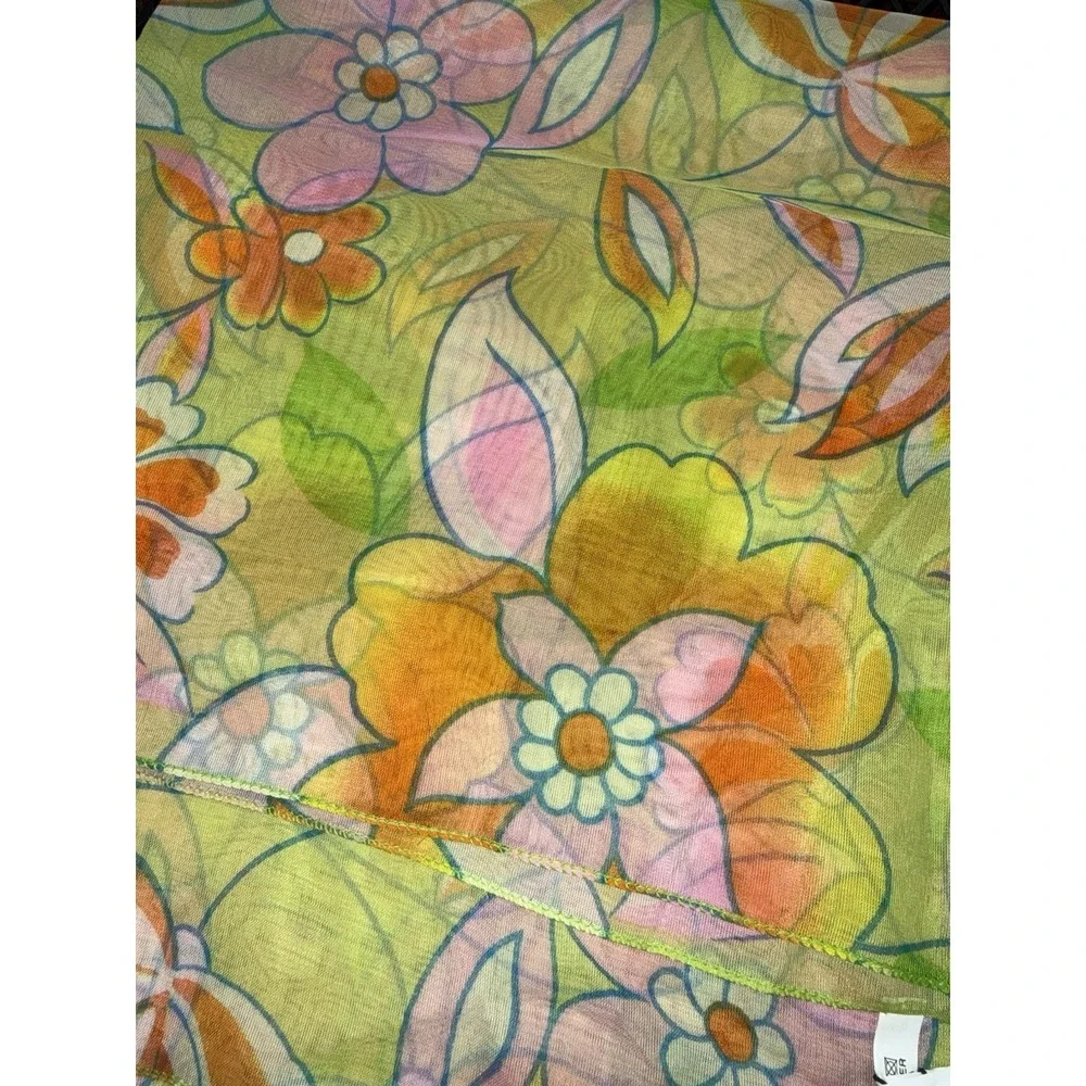 VTG Bijoux Terner Floral‎ Pareo Sarong Beach Cover Up Scarf Sheer Green Summer
